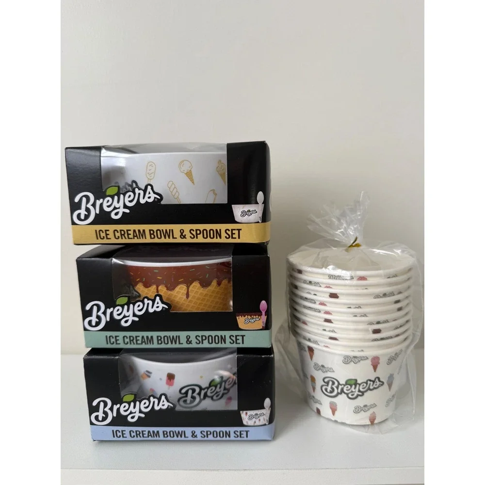 Breyers Ice Cream Bowl and Spoon Set Ceramic Waffle Cone 3 Sets Plus 10 Cups